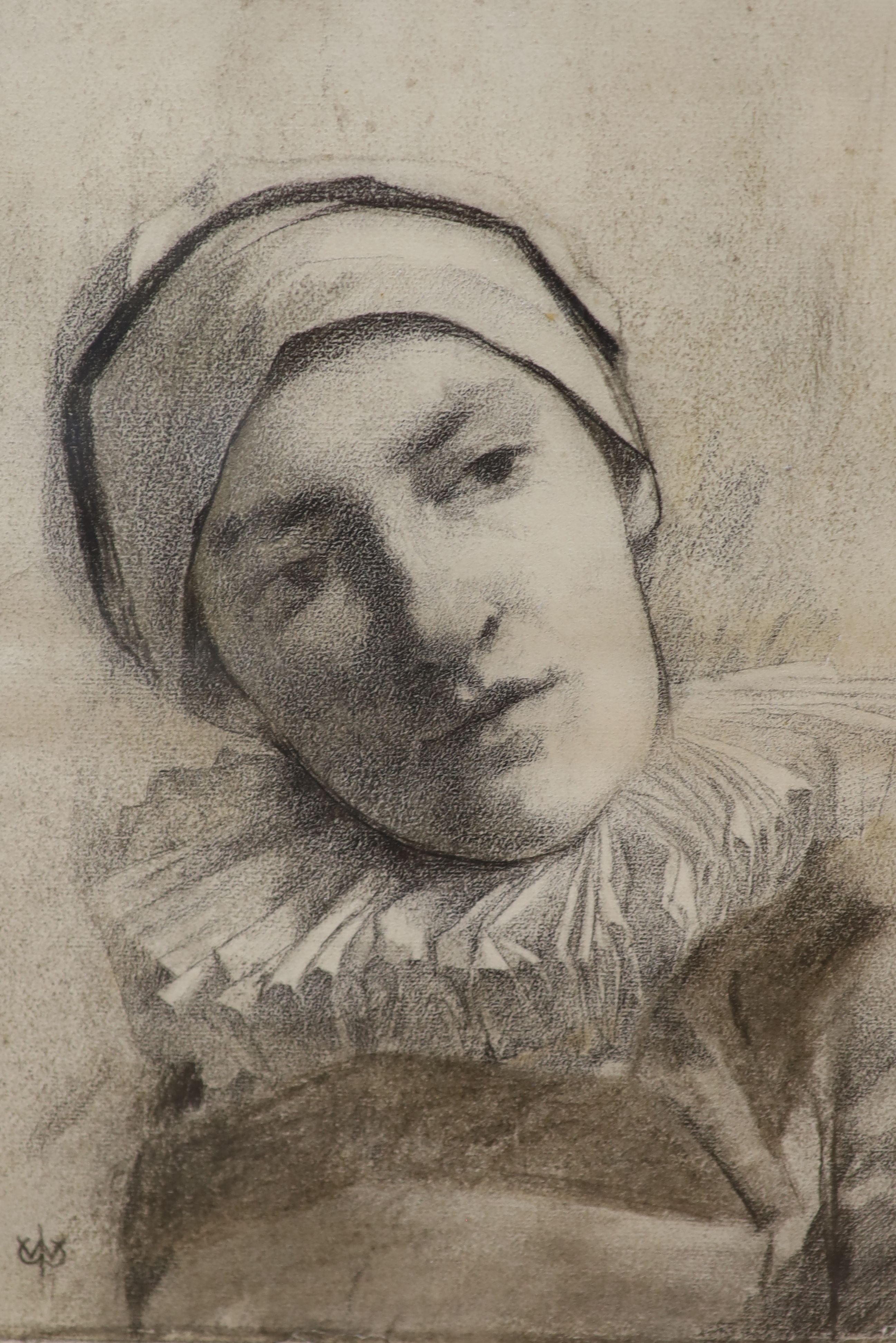 Attributed to William John Wainwright (1855-1931), charcoal drawing, Portrait of Pierrot, monogrammed, 37 x 26cm